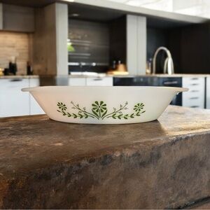 Vintage Glasbake Green Crazy Daisy/Spring Blossom Divided Casserole Dish #J2352